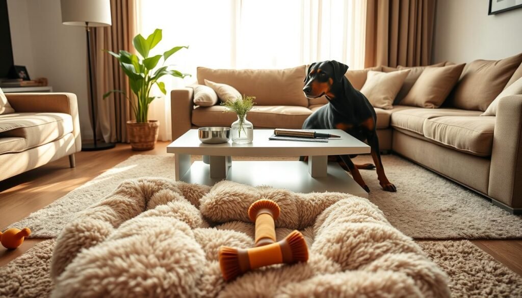 A warm, inviting living room prepared for a Doberman Rott Mix. In the foreground, a plush dog bed with toys scattered around, including a durable chew toy. In the middle, a sleek, modern coffee table is set with pet supplies: bowls for food and water, and a grooming brush. Background features a sunny window with sheer curtains, allowing soft, natural light to illuminate the space. A green indoor plant adds a touch of nature, while a comfortable sofa with neutral-toned cushions creates a cozy atmosphere. The overall mood is welcoming and safe, suitable for a large, playful dog. The room should look lived-in yet organized, capturing a sense of readiness for a new furry companion.