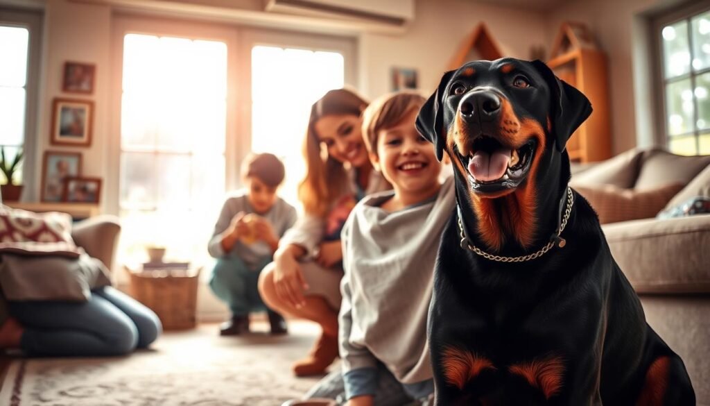 A warm, inviting scene featuring a family interacting with a Rottweiler-Doberman mix in a cozy living room. In the foreground, a friendly and attentive Rottweiler-Doberman mix sits beside a smiling child, radiating loyalty and love. The middle ground shows a parent kneeling, gently petting the dog, while another family member plays with a toy. Bright, natural light streams through large windows, illuminating the room filled with family photos and soft furnishings, enhancing the ambiance. The background includes a peaceful garden visible through the windows. Overall, the mood is joyful and harmonious, reflecting the strong bond between the family and their pet, emphasizing family compatibility. The image should be captured with a soft focus, creating a warm, welcoming atmosphere. A warm, inviting scene featuring a family interacting with a Rottweiler-Doberman mix in a cozy living room. In the foreground, a friendly and attentive Rottweiler-Doberman mix sits beside a smiling child, radiating loyalty and love. The middle ground shows a parent kneeling, gently petting the dog, while another family member plays with a toy. Bright, natural light streams through large windows, illuminating the room filled with family photos and soft furnishings, enhancing the ambiance. The background includes a peaceful garden visible through the windows. Overall, the mood is joyful and harmonious, reflecting the strong bond between the family and their pet, emphasizing family compatibility. The image should be captured with a soft focus, creating a warm, welcoming atmosphere.