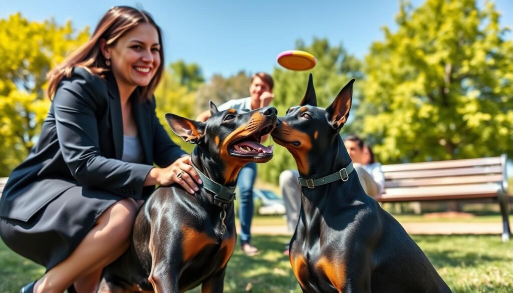 A well-groomed Doberman Pinscher is playfully interacting with a diverse group of people in a sunny park setting, showcasing positive socialization. In the foreground, the Doberman, with its shiny black and tan fur and a friendly expression, leans playfully toward a woman in professional business attire, who is kneeling down with a gentle smile. The middle ground features a man in modest casual clothing tossing a frisbee, while another person sits on a nearby bench, observing with encouragement. The background includes lush green trees and a clear blue sky, enhancing the cheerful atmosphere. Bright, natural daylight captures the scene with vibrant colors, creating an inviting and warm feeling conducive to the importance of socialization in dogs.