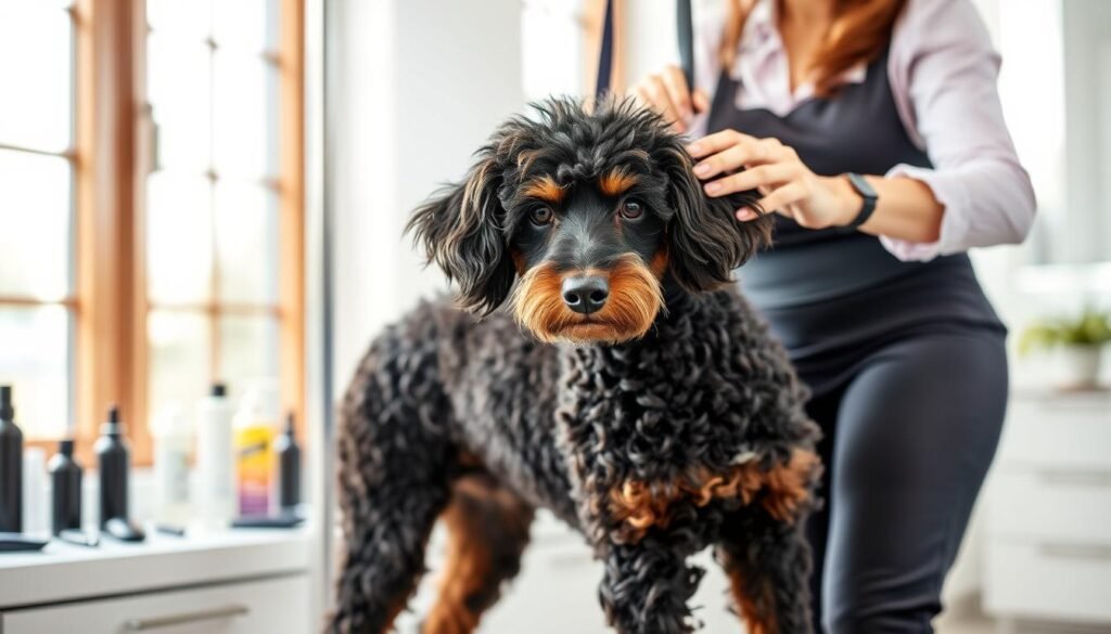 A well-groomed Doberman Poodle mix, showcasing its unique curly coat, stands proudly in a bright grooming salon. The foreground features a professional groomer, dressed in smart casual attire, carefully combing the dog's fur, emphasizing the blend of the Doberman's sleekness and the Poodle's fluffiness. In the middle, various grooming tools like clippers, brushes, and shampoos are neatly arranged on a countertop, adding to the grooming theme. The background captures soft, natural light streaming through large windows, creating a warm and inviting atmosphere. The overall mood conveys care, professionalism, and the importance of grooming for this hybrid breed, highlighting its distinctive appearance and playful personality. A well-groomed Doberman Poodle mix, showcasing its unique curly coat, stands proudly in a bright grooming salon. The foreground features a professional groomer, dressed in smart casual attire, carefully combing the dog's fur, emphasizing the blend of the Doberman's sleekness and the Poodle's fluffiness. In the middle, various grooming tools like clippers, brushes, and shampoos are neatly arranged on a countertop, adding to the grooming theme. The background captures soft, natural light streaming through large windows, creating a warm and inviting atmosphere. The overall mood conveys care, professionalism, and the importance of grooming for this hybrid breed, highlighting its distinctive appearance and playful personality.