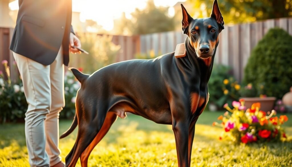 A well-groomed Doberman Rott mix is the focus, standing proudly on a grassy lawn. Its sleek coat, a striking mix of deep black and rich brown tones, glistens in the warm sunlight, showcasing the dog’s muscular build. In the foreground, a gentle person wearing smart casual attire is gently brushing the dog's fur, demonstrating the grooming process with a soft-bristled brush. The middle ground features a sunny backyard setting with vibrant flowers and green bushes, enhancing the serene atmosphere. The background includes a wooden fence and trees bathed in soft, golden light, suggesting a calm afternoon. The overall mood is relaxed and cheerful, emphasizing the importance of grooming in maintaining the dog's health and appearance. A well-groomed Doberman Rott mix is the focus, standing proudly on a grassy lawn. Its sleek coat, a striking mix of deep black and rich brown tones, glistens in the warm sunlight, showcasing the dog’s muscular build. In the foreground, a gentle person wearing smart casual attire is gently brushing the dog's fur, demonstrating the grooming process with a soft-bristled brush. The middle ground features a sunny backyard setting with vibrant flowers and green bushes, enhancing the serene atmosphere. The background includes a wooden fence and trees bathed in soft, golden light, suggesting a calm afternoon. The overall mood is relaxed and cheerful, emphasizing the importance of grooming in maintaining the dog's health and appearance.
