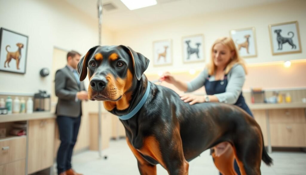 A well-groomed Doberman and Rottweiler mix in a bright, clean grooming salon, showcasing their shiny coats and healthy appearance. In the foreground, a professional groomer, dressed in a smart casual outfit, carefully brushes the dog's fur, highlighting the grooming process. The middle of the scene includes grooming tools like clippers, brushes, and shampoo bottles neatly arranged on a countertop. The background is softly lit with warm lighting, featuring pastel-colored walls adorned with dog-related artwork. The atmosphere is calm and inviting, conveying a sense of care and professionalism, perfect for illustrating the grooming needs of this dog breed blend. Capture the scene from a slightly elevated angle to provide a contextual view of the grooming activities.