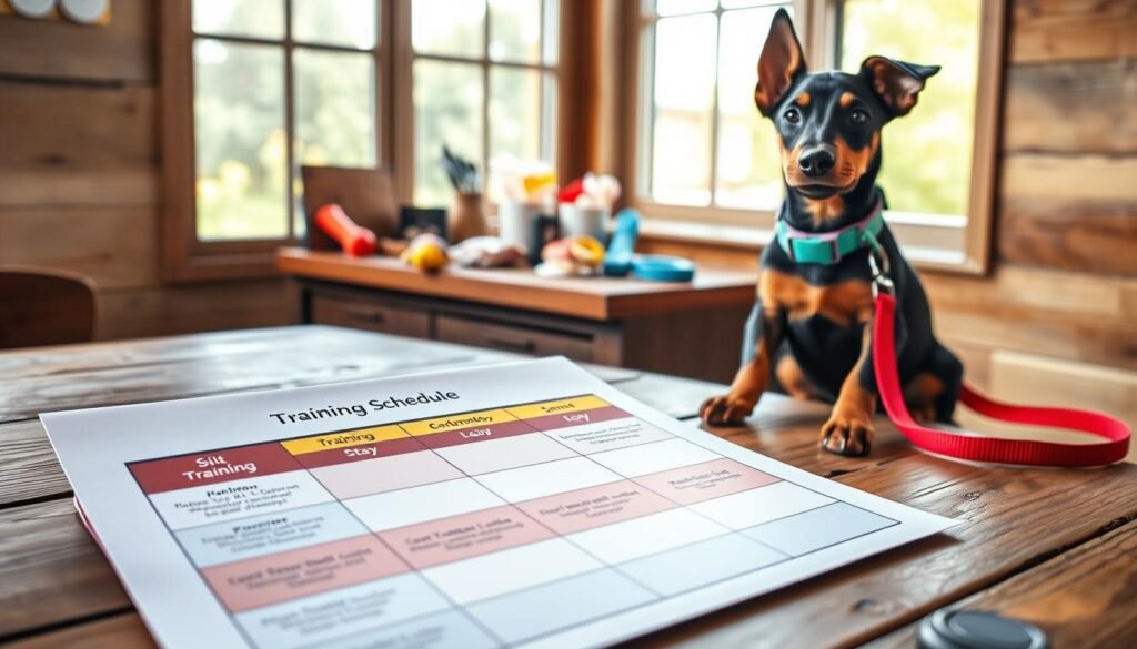 A well-organized and visually appealing training schedule for a Doberman Pinscher displayed on a rustic wooden table. In the foreground, the schedule features colorful columns with effective training techniques like 'Sit', 'Stay', and 'Leash Training', written in an elegant, legible font. A Doberman puppy sits attentively beside the table, wearing a vibrant collar and leash, looking eager and engaged. In the middle background, training items like treats, a clicker, and toys are arranged neatly, hinting at the elements used for positive reinforcement. Natural sunlight filters through a nearby window, creating a warm and inviting atmosphere. The image is shot from a slightly elevated angle to capture all elements clearly while highlighting the excitement of training sessions.