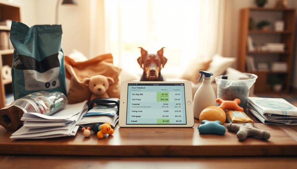 A well-organized flat lay image depicting the costs of dog ownership, centered on a wooden table. In the foreground, place a detailed breakdown of expenses related to owning a Doberman Shepherd: food bags, a veterinary bill, grooming supplies, toys, and training materials neatly arranged. In the middle, include a digital tablet displaying a budgeting app with dog ownership costs highlighted. The background should feature soft natural light coming from a window, creating a warm and inviting atmosphere, enhancing the sense of careful financial planning. Use a shallow depth of field to focus on the items in the foreground, with a blurred background slightly hinting at a cozy living space. The overall mood should inspire thoughtful consideration and responsibility in dog ownership.