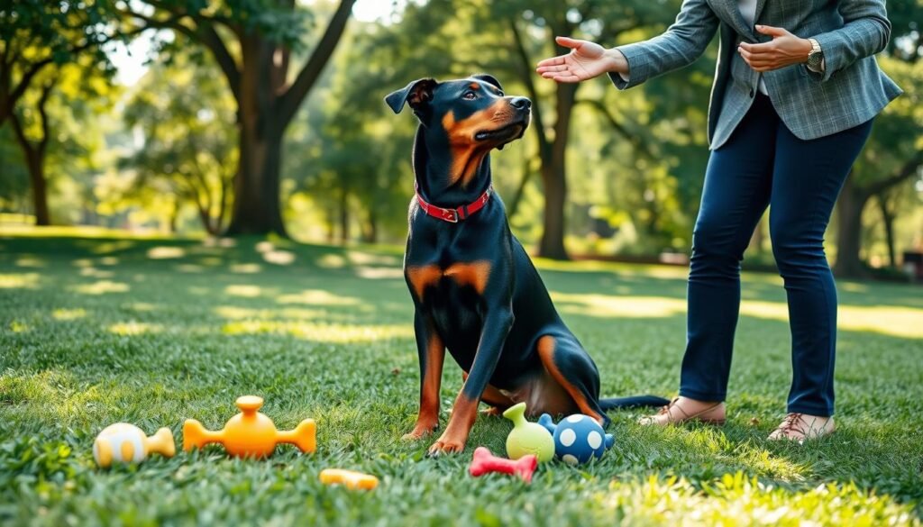 A well-trained Doberman Rottweiler mix sits confidently on a lush green lawn, showcasing its strong build and sleek, shiny coat. The dog is engaged in a focused training session with a handler, a person in smart casual attire demonstrating positive reinforcement techniques. In the foreground, colorful training toys and treats are scattered, highlighting the training environment. In the middle background, a serene park scene unfolds, with gentle sunlight filtering through trees, creating dappled shadows on the ground. The atmosphere is calm and encouraging, emphasizing the bond between the dog and its trainer. The image captures a moment of learning and companionship, inspiring the viewer about effective dog training. A well-trained Doberman Rottweiler mix sits confidently on a lush green lawn, showcasing its strong build and sleek, shiny coat. The dog is engaged in a focused training session with a handler, a person in smart casual attire demonstrating positive reinforcement techniques. In the foreground, colorful training toys and treats are scattered, highlighting the training environment. In the middle background, a serene park scene unfolds, with gentle sunlight filtering through trees, creating dappled shadows on the ground. The atmosphere is calm and encouraging, emphasizing the bond between the dog and its trainer. The image captures a moment of learning and companionship, inspiring the viewer about effective dog training.
