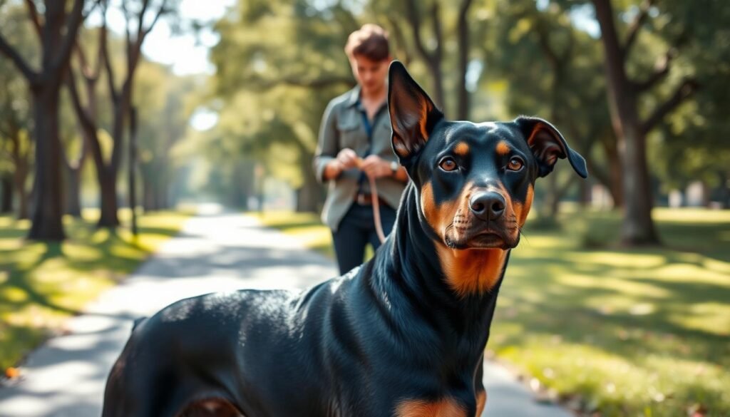 A well-trained Doberman X Rottweiler, showcasing a sleek, muscular build and unique floppy ears, stands attentively in a serene park setting. In the foreground, the dog, with shining black and tan fur, is positioned in a loyal stance, focused on its handler. The middle ground features a trainer, dressed in a casual but tidy outfit, using positive reinforcement techniques with treats and an encouraging expression. Behind them, a sun-dappled path lined with trees creates a calm atmosphere, with soft, natural lighting illuminating the scene. The angle captures the warmth of the interaction and the dog's eagerness to learn, conveying a sense of trust and connection between the pup and its owner.