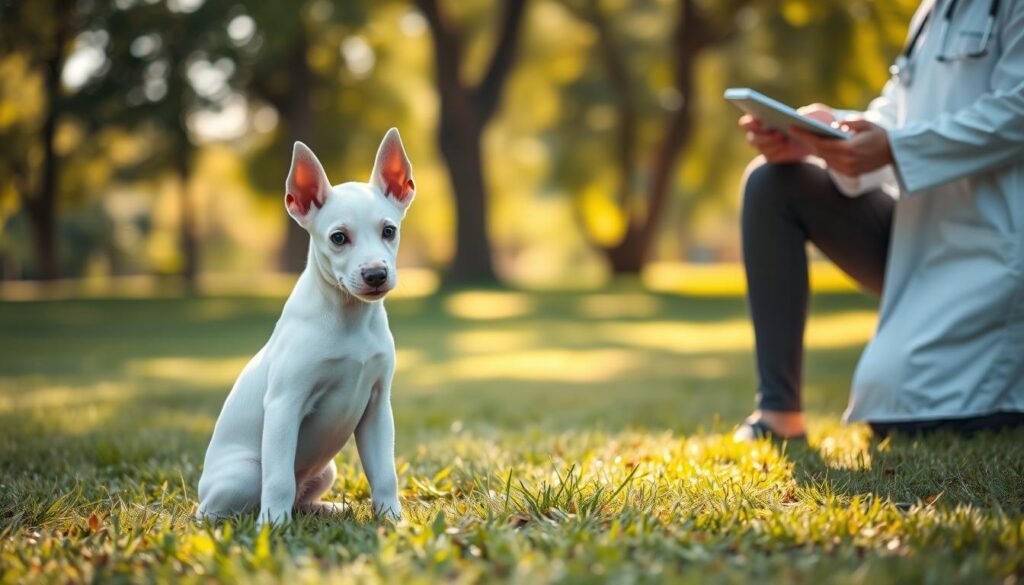 A white Doberman puppy sits on a soft grassy surface, showcasing its striking coat and alert demeanor, reflecting both charm and inherent health concerns. In the foreground, the puppy is slightly turned, allowing a clear view of its distinct features: expressive eyes, elegantly pointed ears, and a lively stance. The middle ground includes a veterinarian holding a clipboard, positioned nearby, observing the puppy with a gentle yet concerned expression, symbolizing the care needed for this breed. The background features a softly blurred park setting with trees, providing a serene and natural ambiance. The image is lit with warm, diffused sunlight, creating a hopeful and informative atmosphere, captured from a slightly elevated angle to enhance the focus on the puppy's health. A white Doberman puppy sits on a soft grassy surface, showcasing its striking coat and alert demeanor, reflecting both charm and inherent health concerns. In the foreground, the puppy is slightly turned, allowing a clear view of its distinct features: expressive eyes, elegantly pointed ears, and a lively stance. The middle ground includes a veterinarian holding a clipboard, positioned nearby, observing the puppy with a gentle yet concerned expression, symbolizing the care needed for this breed. The background features a softly blurred park setting with trees, providing a serene and natural ambiance. The image is lit with warm, diffused sunlight, creating a hopeful and informative atmosphere, captured from a slightly elevated angle to enhance the focus on the puppy's health.