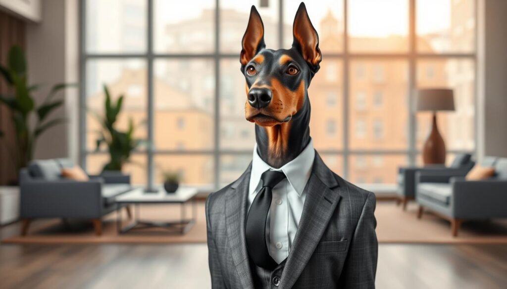 doberman pinscher in a suit